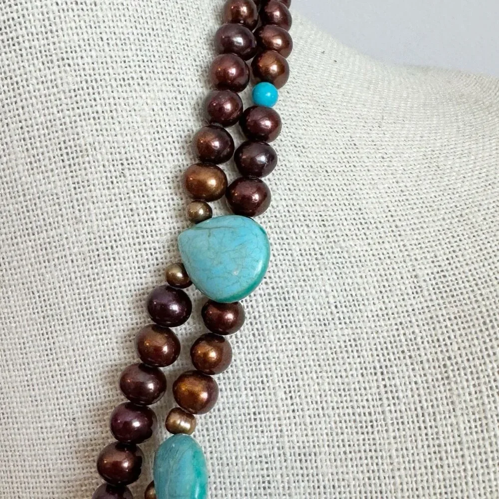 Turquoise Teardrop Bronze Pearl Double Strand Necklace Sterling Silver Bohemian